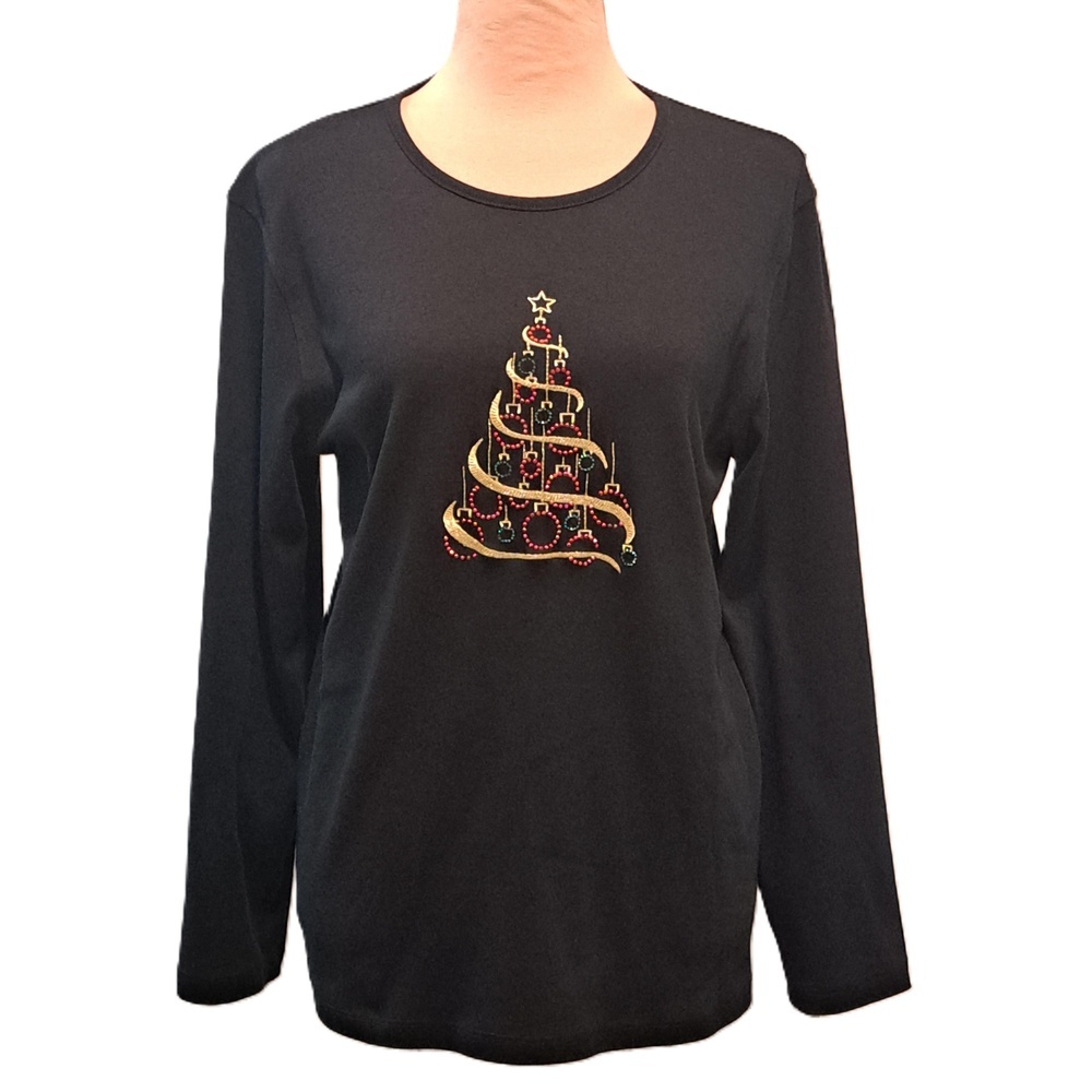 Christmas Long Sleeve Christmas Tree Rhinestone T-Shirt Women's Black/Gold